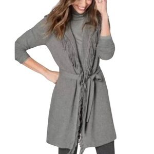 NEW J.Jill Long Fringe Cardi XS Petite Gray Belt Shawl Collar Closet Staple